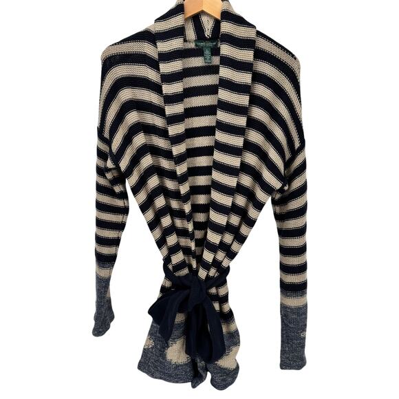 LRL Ralph Lauren Sweater Womens Small Belted Cardigan Tan Blue Linen Blend Knit - Picture 1 of 7